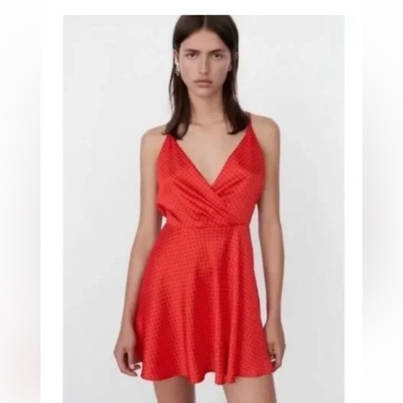 Zara Red with Black Polka Dots Satin Open Back Mini Dress - Picture 1 of 5